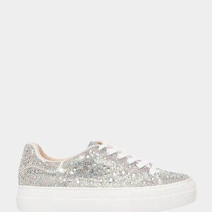 EUC Betsey Johnson Sidny Rhinestone Sneakers (white/clear) in 10W (yes, WIDE!)